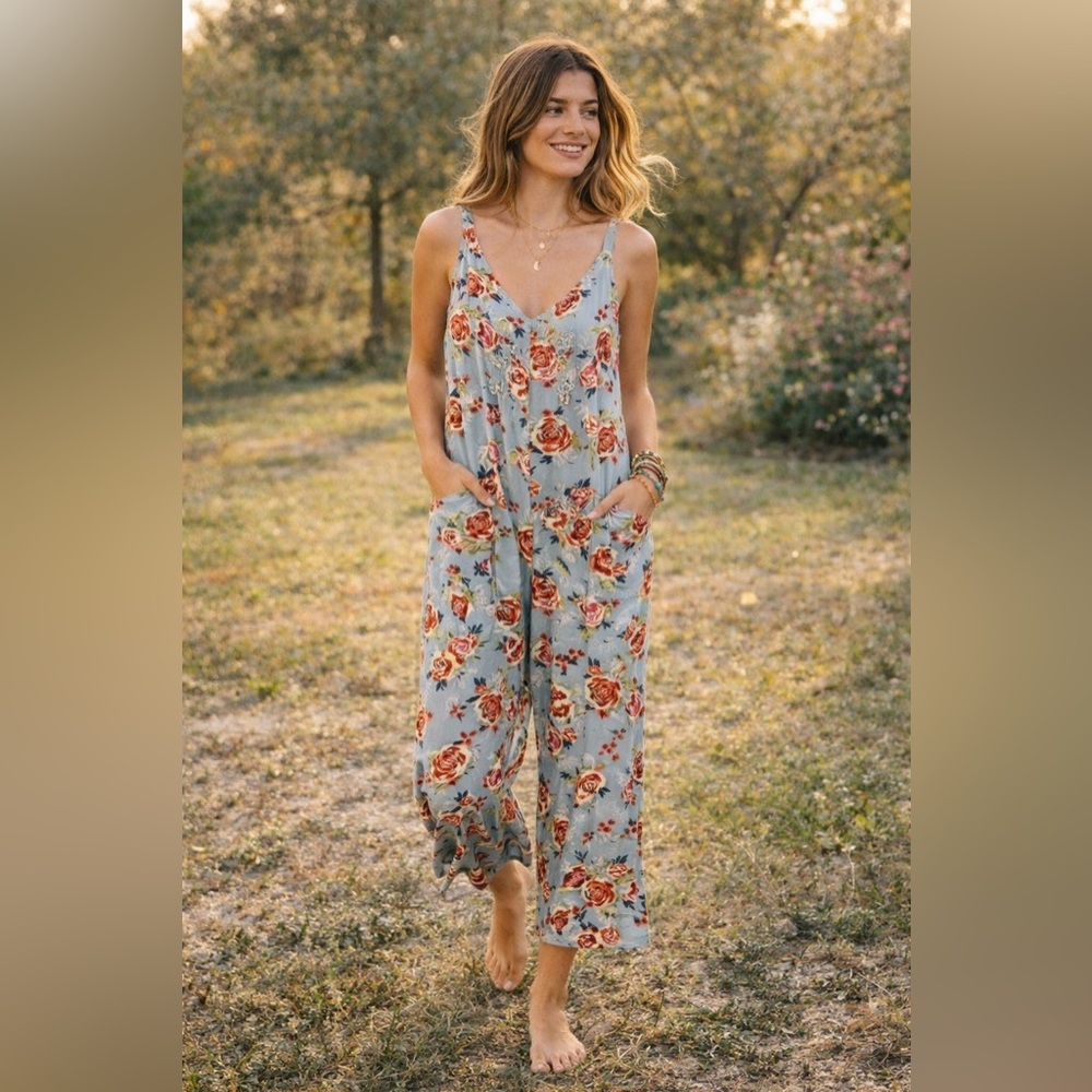 NATURAL LIFE Blue Floral Scoop-Neck Wide-Leg Jumpsuit